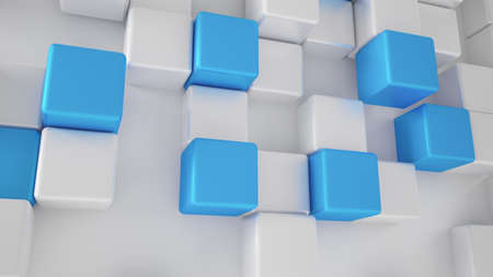 White background with white and turquoise, blue cubes. 3d rendering, 3d illustration.の写真素材
