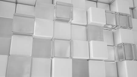 White background with white and glass cubes.3d rendering, 3d illustration.