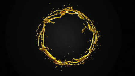 Gold ring on a black background. Splash, water, liquid, drop, gold, precious 3d rendering 3d illustrationの写真素材