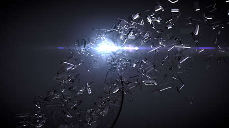 Beautiful fragments of glass splinters black background, lens flare. 3d rendering, 3d illustration.