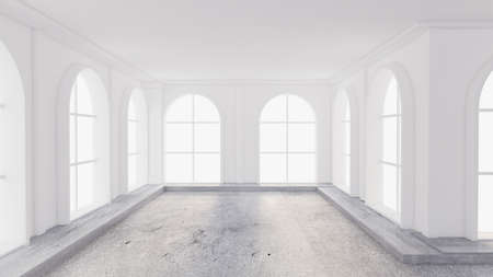 Light white empty interior with stone floor. 3d rendering, 3d illustration.
