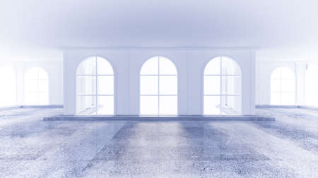 Light white empty interior with stone floor. 3d rendering, 3d illustration.