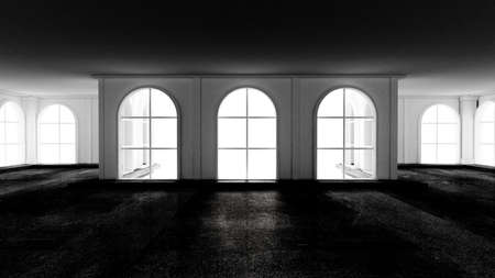 Gloomy empty interior with stone floor. 3d rendering, 3d illustration.の写真素材