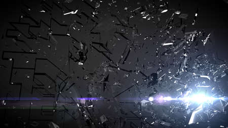 Smash glass cube, black background, lens flare. 3d rendering, 3d illustration.