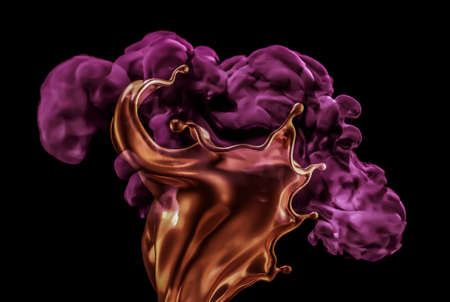 Splash of gold and smoke on a black background. 3d rendering, 3d illustration.の写真素材