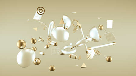 Yellow abstract minimalism background with flying objects and shapes. 3d rendering, 3d illustration.