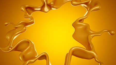 Golden splash of caramel on a yellow background. 3d rendering, 3d illustration.の写真素材
