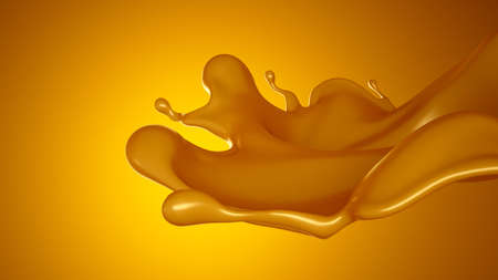 Golden splash of caramel on a yellow background. 3d rendering, 3d illustration.の写真素材