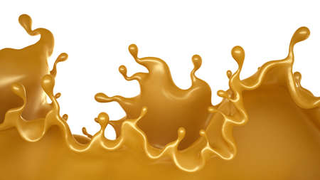 Golden splash of caramel on a white background. 3d rendering, 3d illustration.の写真素材