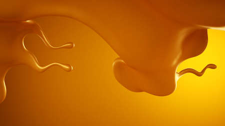 Bright yellow background with a splash of caramel.  3d rendering, 3d illustration.の写真素材
