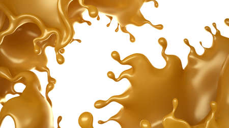 Golden splash of caramel on a white background. 3d rendering, 3d illustration.の写真素材