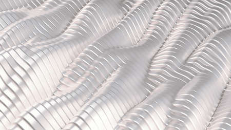 White silver metallic background with waves and lines. 3d rendering, 3d illustration.