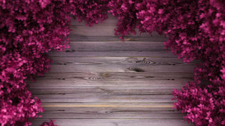Beautiful pink background with leaves and wood texture, season of the year. 3d rendering, 3d illustration.の写真素材
