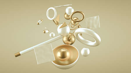 Yellow abstract minimalism background with flying objects and shapes. 3d rendering, 3d illustration.の写真素材