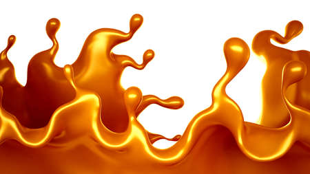 Golden splash of caramel on a white background. 3d rendering, 3d illustration.の写真素材