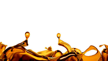 Splash of a transparent orange liquid on a white background. 3d rendering, 3d illustration.の写真素材