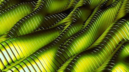 Green metallic background with waves and lines. 3d rendering, 3d illustration.の写真素材
