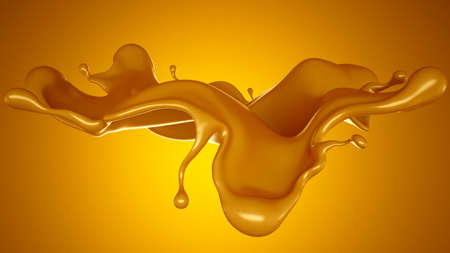 Golden splash of caramel on a yellow background. 3d rendering, 3d illustration.の写真素材