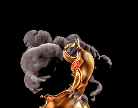 Splash of gold and smoke on a black background. 3d rendering, 3d illustration.