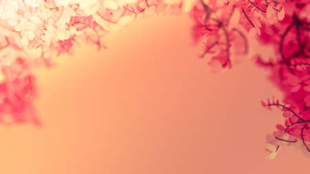 Beautiful pink background with leaves, season of the year. 3d rendering, 3d illustration.の写真素材