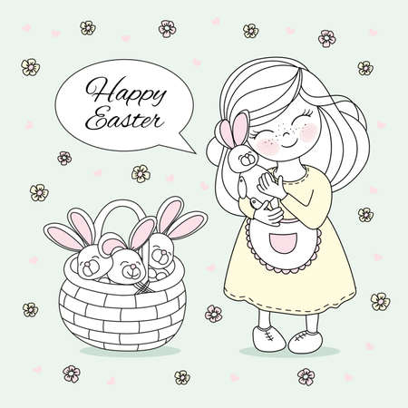 EASTER GIRL Great Religious Holy Holiday Cartoon Vector Illustration Set for Print, Fabric and Decoration.のイラスト素材
