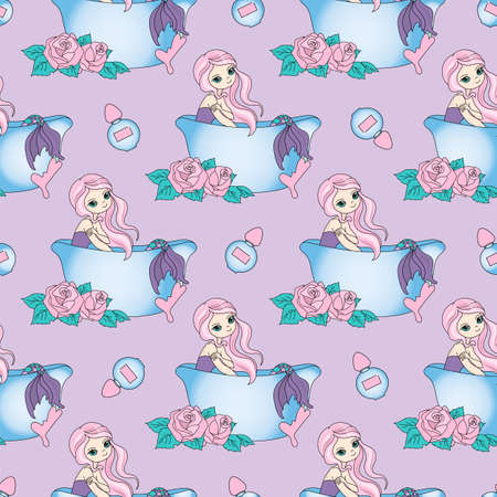 BEAUTY MERMAID Princess Vacation Travel Tropical Seamless Pattern Vector Illustration for Print, Fabric and Digital Paper.のイラスト素材