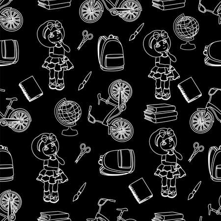 SCHOOL GIRL BLACK Children Seamless Pattern Vector Illustration Set for Print, Fabric and Digital Paper.のイラスト素材