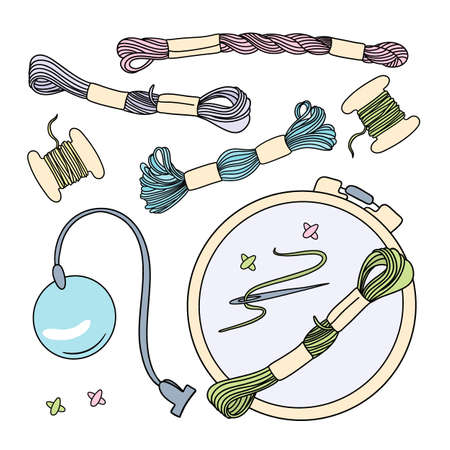 CROSS STITCH Embroidery Accessories Vector Illustration Design Set for Print, Fabric and Decoration.