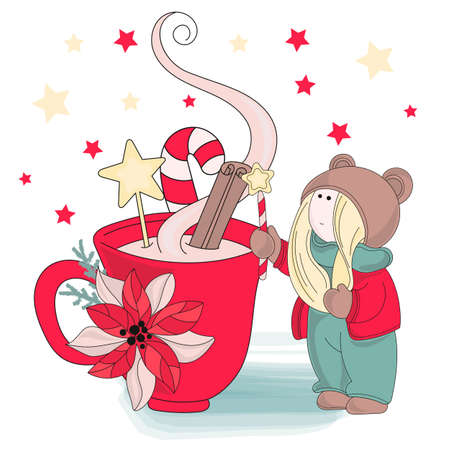 CUP OF CHRISTMAS Tilda Doll Merry Christmas and New Year Cartoon Vector Illustration Set for Print, Fabric and Decoration.のイラスト素材