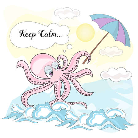 CALM OCTOPUS Cartoon Travel Tropical Vector Illustration Set for Print, Fabric and Decoration.のイラスト素材