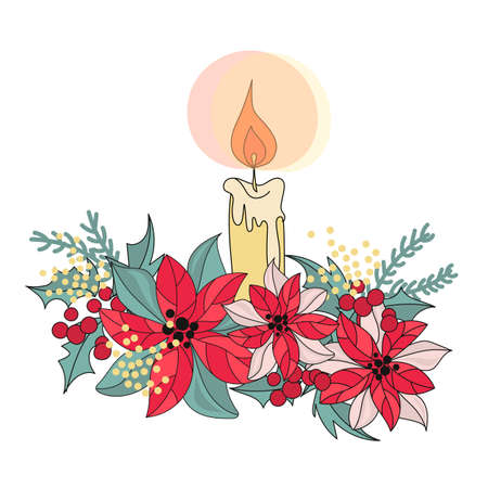 CANDLE Merry Christmas and New Year Flower Bouquet Holiday Cartoon Vector Illustration Set for Print, Fabric and Decoration.のイラスト素材