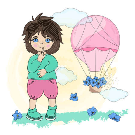 CHILD DREAM Valentine Day Children Holiday Cartoon Vector Illustration Set for Print, Fabric and Decoration.のイラスト素材