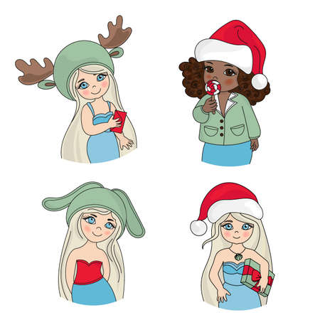 CHRISTMAS BLOG ICON Girl Portrait Merry Christmas and New Year Vector Illustration Set for Print, Decoration and Social Media.のイラスト素材