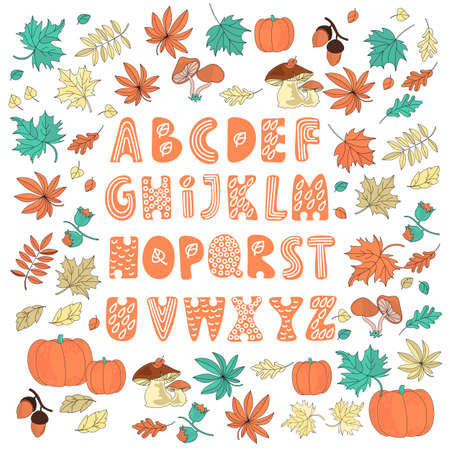AUTUMN ALPHABET Fall Season Letters Cartoon Decorative Vector Illustration Set for Print, Fabric and Design.のイラスト素材