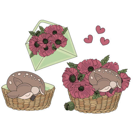 DEER BABY Cartoon Forest Animal Vector Illustration Set for Print, Fabric and Decoration.のイラスト素材