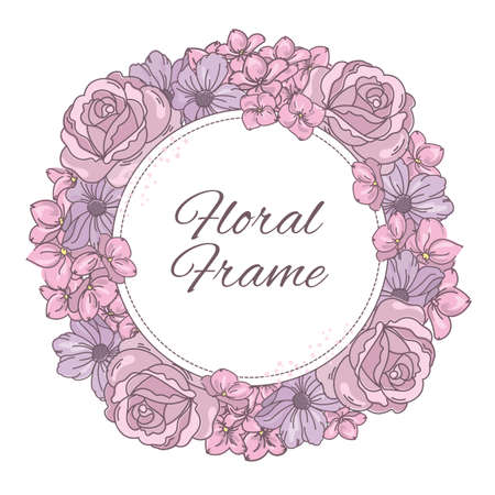 FLORAL FRAME Wedding Holiday Cartoon Wreath Vector Illustration Set for Print, Fabric and Decoration.のイラスト素材