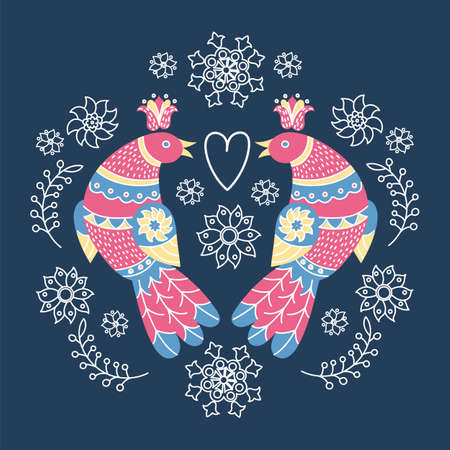 FOLK WINTER BIRD Ethnic Ornament Decor Vector Illustration Set for Print, Fabric and Digital Paper.