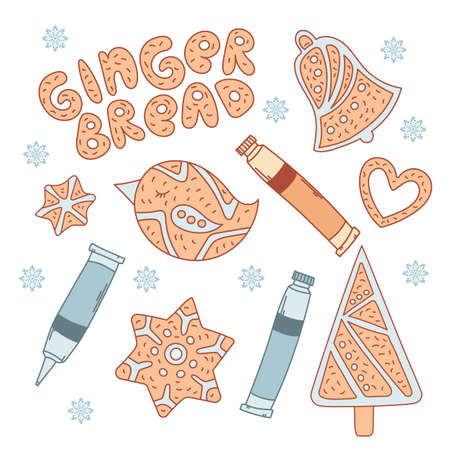 GINGERBREAD SET New Year and Merry Christmas Dessert Cartoon Vector Illustration Set for Print, Fabric and Decoration.のイラスト素材