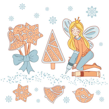GINGERBREAD FAIRY Dessert Princess New Year and Merry Christmas Cartoon Vector Illustration Set for Print, Fabric and Decoration.のイラスト素材