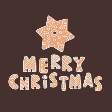 GINGERBREAD LETTERS New Year and Merry Christmas Cartoon Dessert Lettering Vector Illustration Set for Print, Fabric and Decoration.のイラスト素材