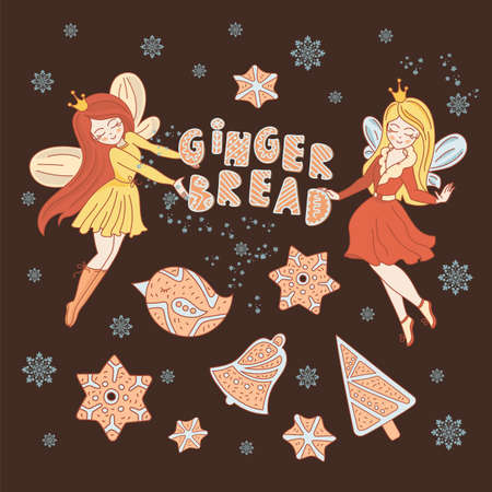 THANKSGIVING Gingerbread Fairy Cartoon New Year and Merry Christmas Vector Illustration Set for Print, Fabric and Decoration.のイラスト素材