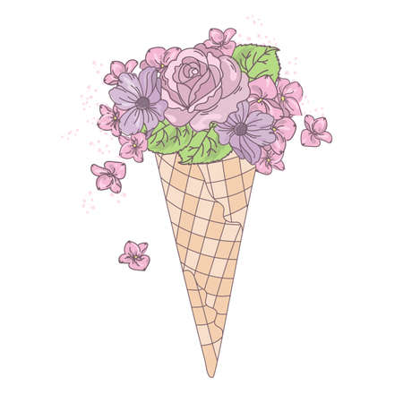 ICE CREAM ROSE Floral Dessert Bouquet Cartoon Wedding Vector Illustration Set for Print, Fabric and Decoration.のイラスト素材
