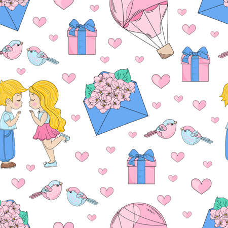 KISS PARTY Valentine Day Holiday Children Cartoon Seamless Pattern Vector Illustration for Print, Fabric and Digital Paper.のイラスト素材