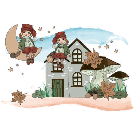 LEPRECHAUN Autumn Cartoon Vector Illustration Set for Print, Fabric and Decoration.のイラスト素材