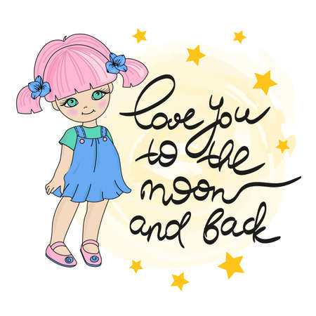 LOVE GIRL Valentine Day Children Holiday Cartoon Vector Illustration Set for Print, Fabric and Design.のイラスト素材