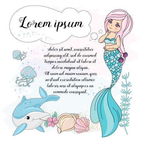 MERMAID DREAM Cartoon Travel Tropical Vector Illustration Set for Print, Fabric and Decoration.のイラスト素材