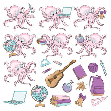 OCTOPUS PUPIL Underwater Sea Education Ocean School Cartoon Vector Illustration Set for Print, Fabric and Decoration.のイラスト素材