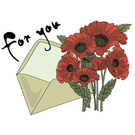 POPPY AND LETTER Holyday Floral Bouquet Vector Illustration Set for Print, Fabric and Decoration.のイラスト素材