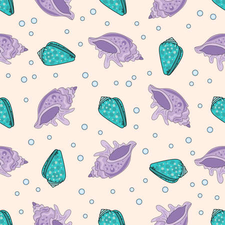 PURPLE SHELL Travel Cruise Tropical Sea Ocean Cartoon Seamless Pattern Vector Illustration for Print, Fabric and Digital Paper.のイラスト素材