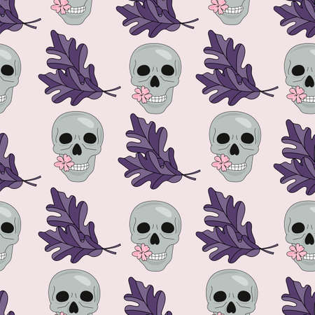 SKULL AND LEAVES Halloween Holiday Vector IllustrationÂ Seamless Pattern for Print, Fabric and Digital Paper.のイラスト素材